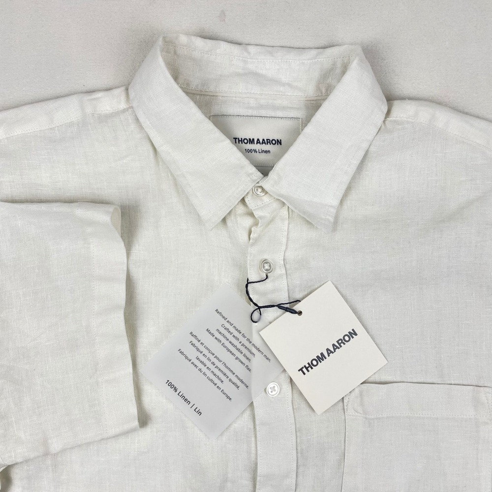 Thom Aaron Mens White 100% Linen Short Sleeve Button Down Shirt Large NWT